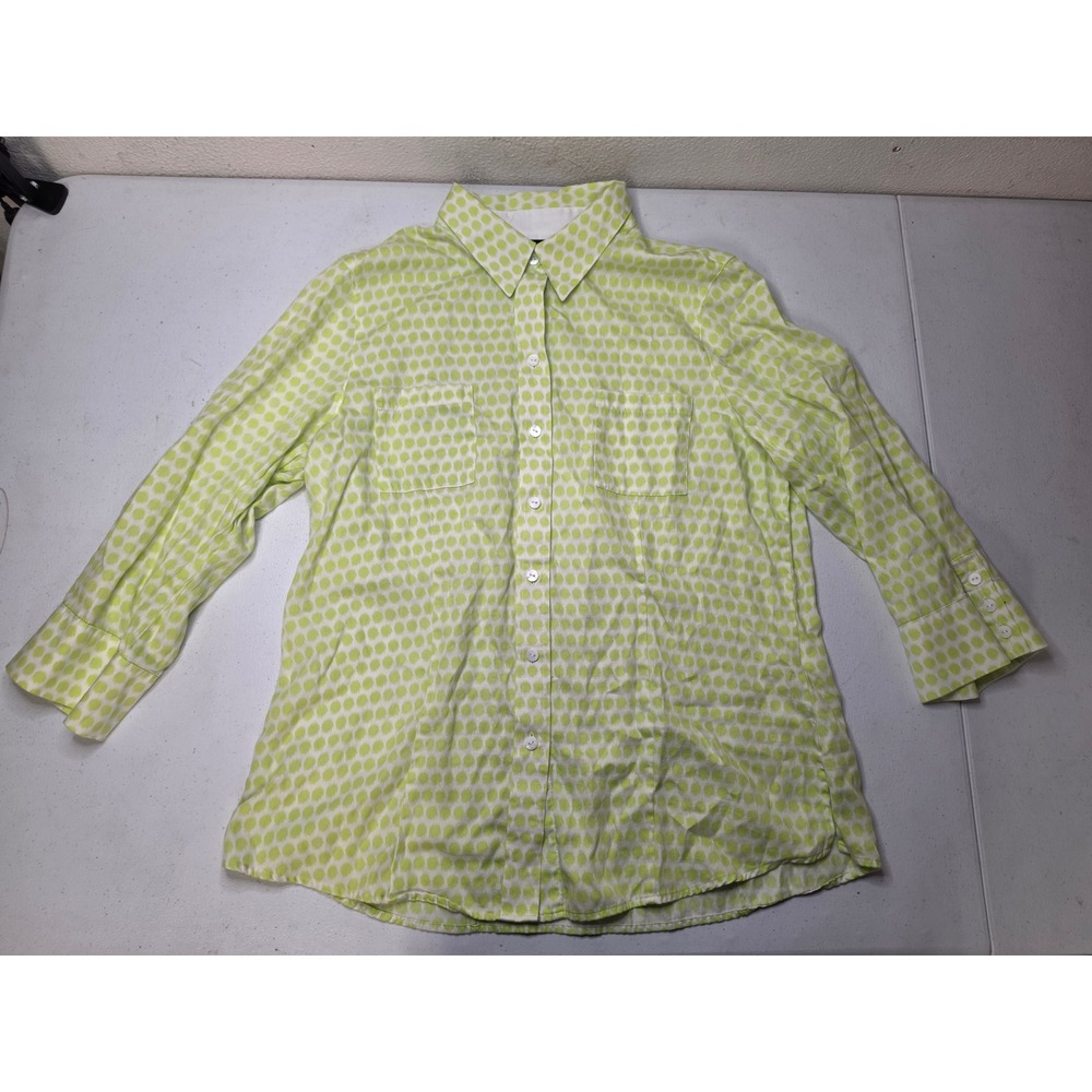 Foxcroft Womens 14 Lime Green White Polka Dot Wrinkle Free Fitted Button Down